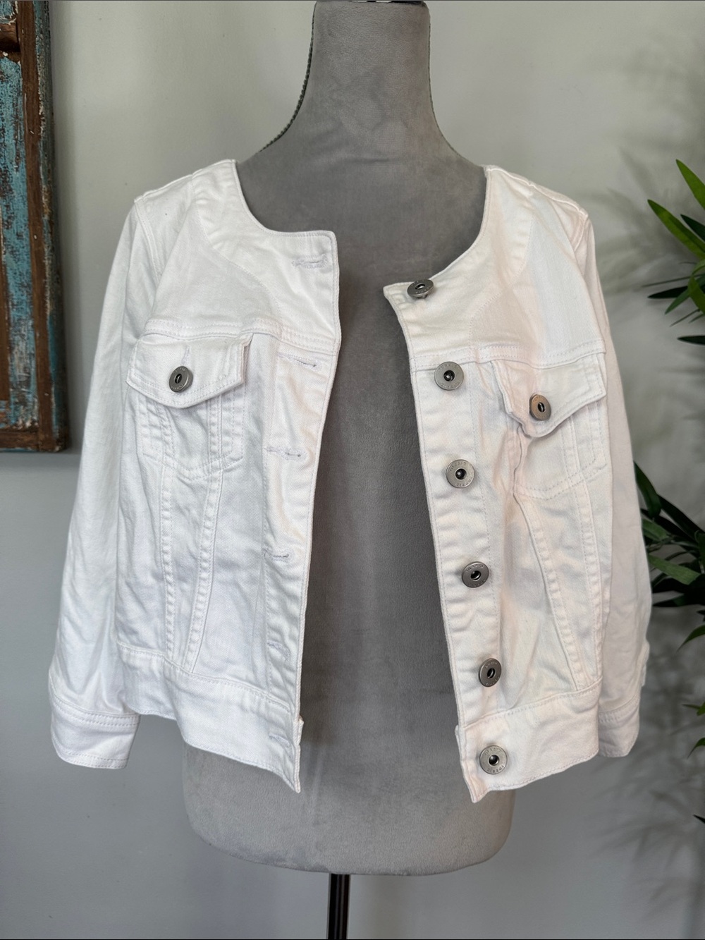 torrid White Collarless Button-Front cropped Jean Jacket 1X
